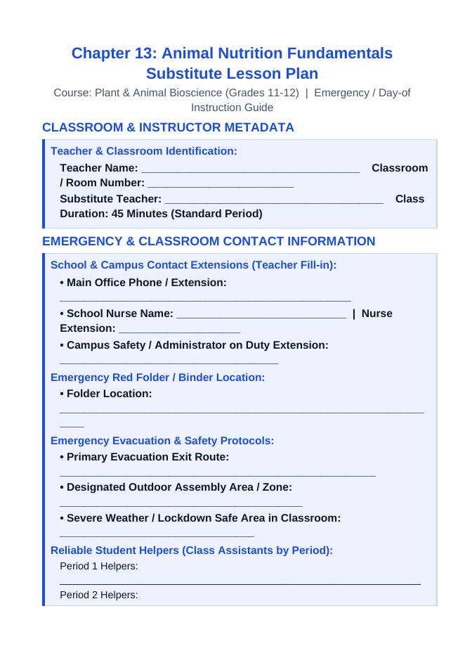 Animal Nutrition Fundamentals Substitute Lesson Plan sample page