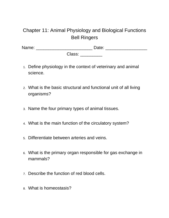 Animal Physiology & Biological Functions Bell Ringers & Exit Tickets sample page