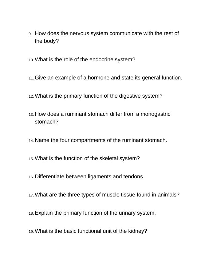 Animal Physiology & Biological Functions Bell Ringers & Exit Tickets sample page