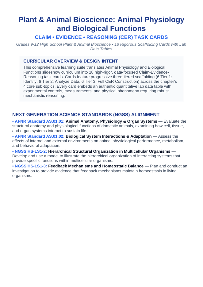 Animal Physiology & Biological Functions CER Task Cards sample page