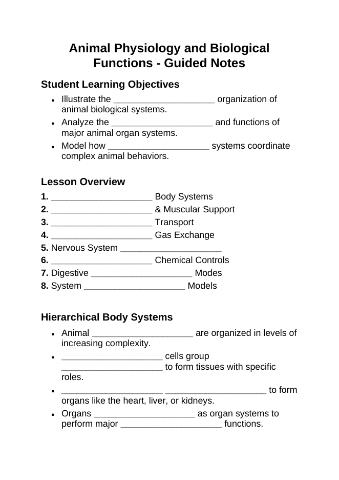 Animal Physiology & Biological Functions Guided Notes sample page