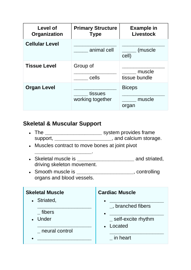 Animal Physiology & Biological Functions Guided Notes sample page