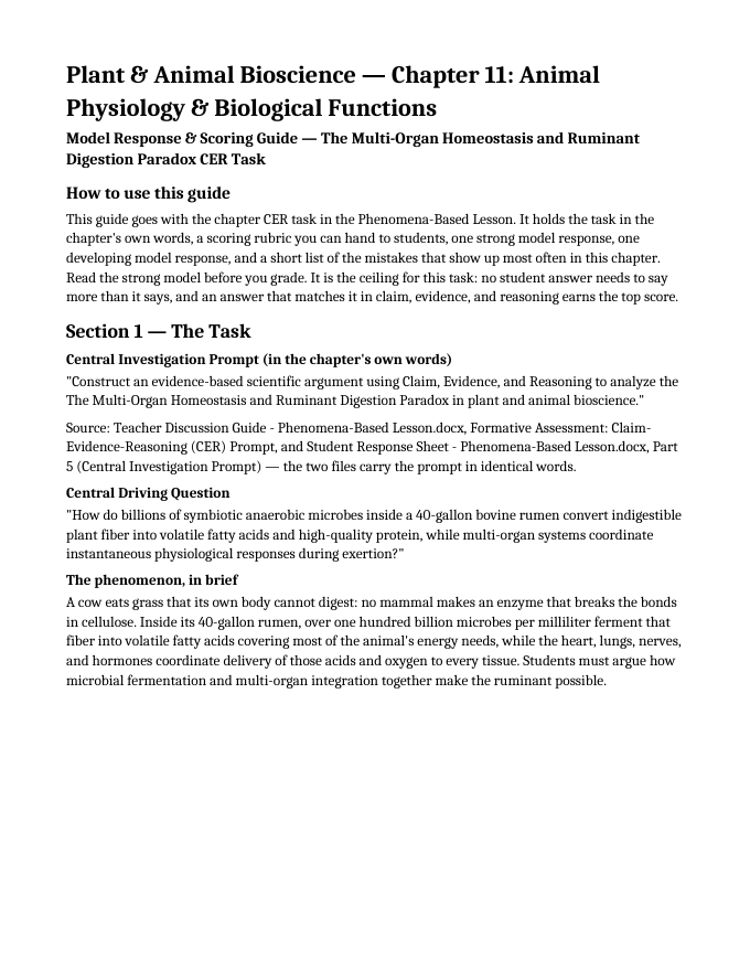 Animal Physiology & Biological Functions Model Response & Scoring Guide sample page