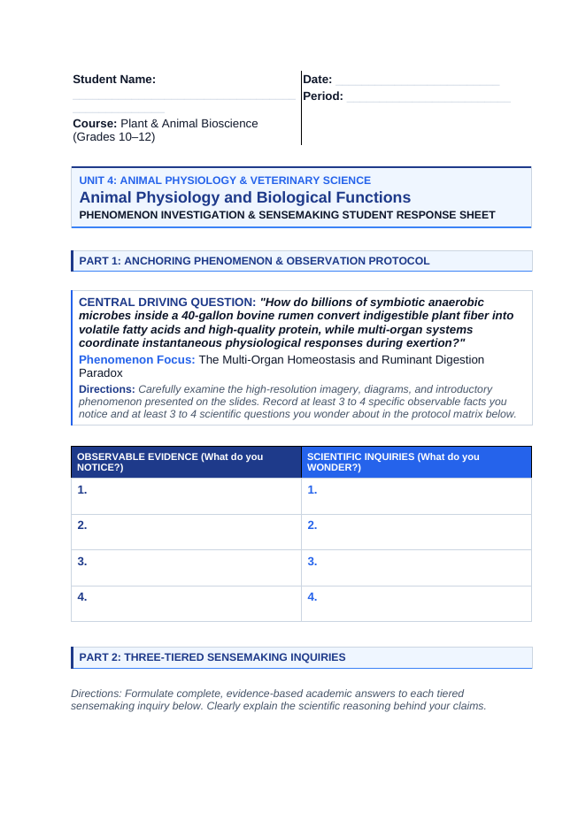 Animal Physiology & Biological Functions Phenomena-Based Lesson: The Multi-Organ Homeostasis and Ruminant Digestion Paradox Student Response Sheet sample page
