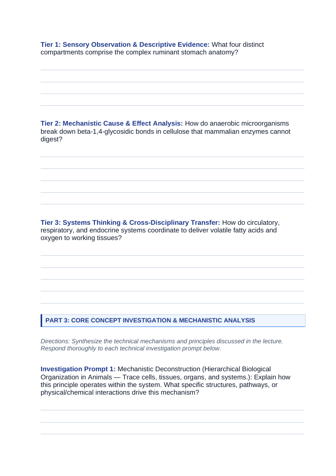 Animal Physiology & Biological Functions Phenomena-Based Lesson: The Multi-Organ Homeostasis and Ruminant Digestion Paradox Student Response Sheet sample page
