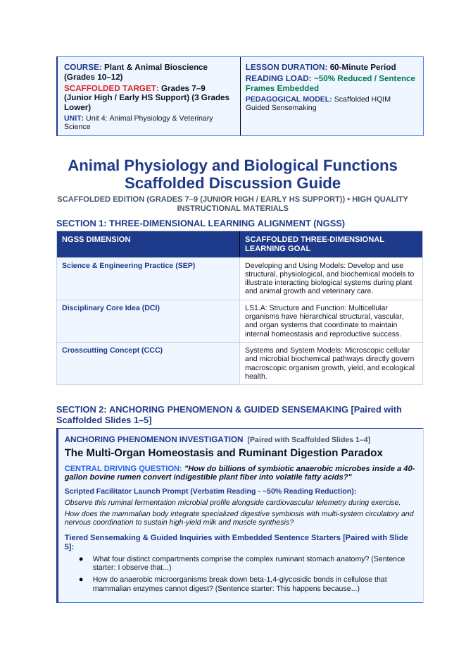 Animal Physiology & Biological Functions Scaffolded Phenomena-Based Lesson: The Multi-Organ Homeostasis and Ruminant Digestion Paradox Teacher Discussion Guide sample page