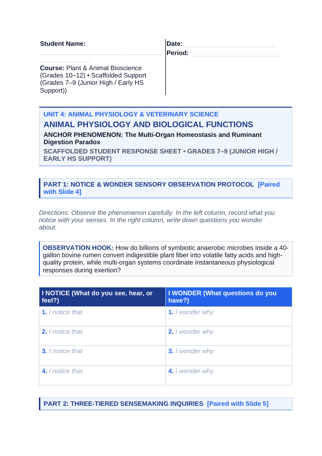 Animal Physiology & Biological Functions Scaffolded Phenomena-Based Lesson: The Multi-Organ Homeostasis and Ruminant Digestion Paradox Student Response Sheet sample page