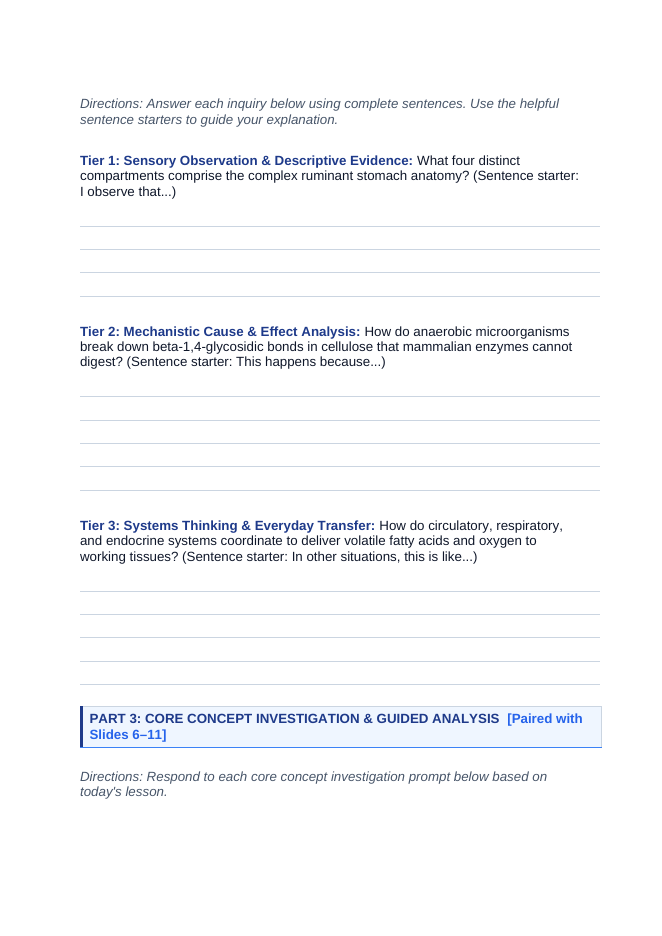 Animal Physiology & Biological Functions Scaffolded Phenomena-Based Lesson: The Multi-Organ Homeostasis and Ruminant Digestion Paradox Student Response Sheet sample page