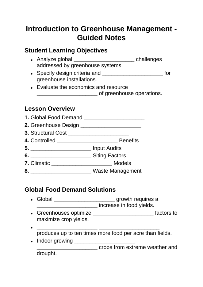 Basics of Controlled Environment Agriculture Guided Notes sample page