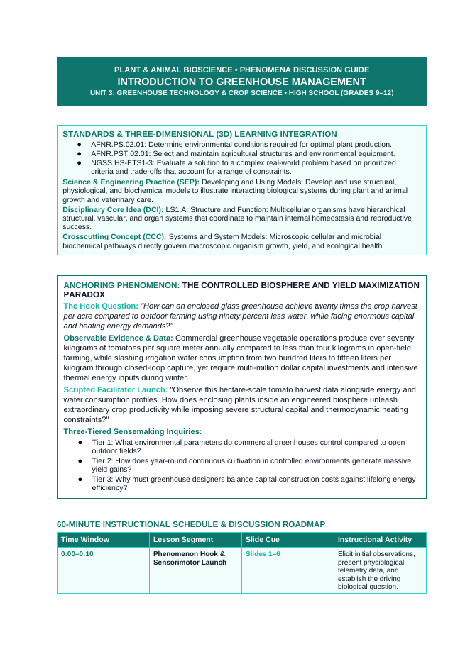 Basics of Controlled Environment Agriculture Phenomena-Based Lesson: The Controlled Biosphere and Yield Maximization Paradox Teacher Discussion Guide sample page