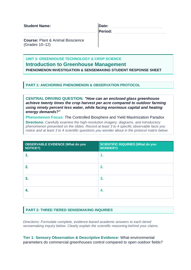 Basics of Controlled Environment Agriculture Phenomena-Based Lesson: The Controlled Biosphere and Yield Maximization Paradox Student Response Sheet sample page