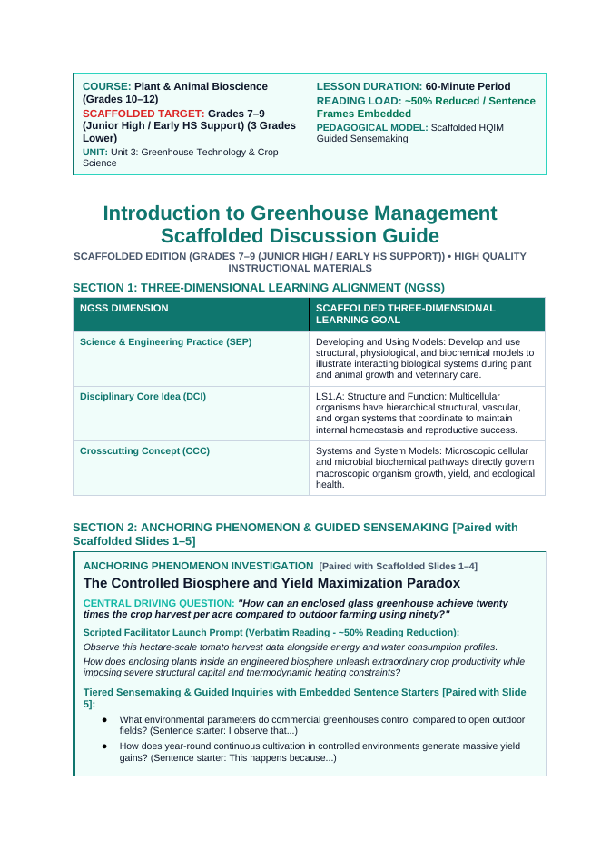 Basics of Controlled Environment Agriculture Scaffolded Phenomena-Based Lesson: The Controlled Biosphere and Yield Maximization Paradox Teacher Discussion Guide sample page