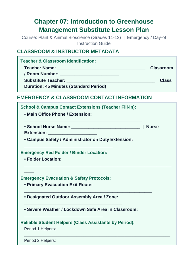 Basics of Controlled Environment Agriculture Substitute Lesson Plan sample page