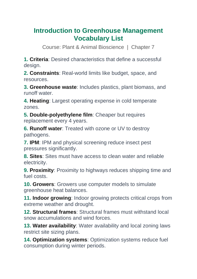 Basics of Controlled Environment Agriculture Vocabulary Words & Definitions sample page