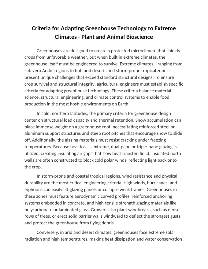 Criteria for Adapting Greenhouse Technology to Extreme Climates Reading Worksheet sample page