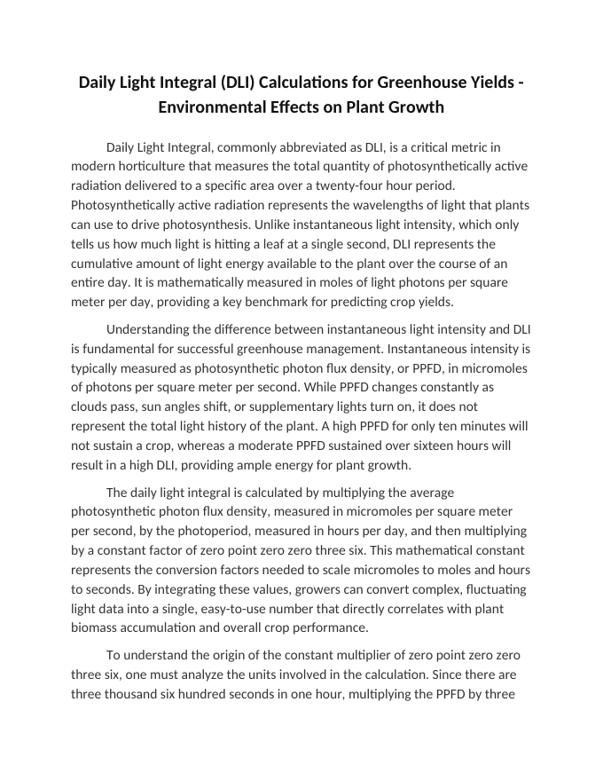 Daily Light Integral (DLI) Calculations for Greenhouse Yields Reading Worksheet sample page