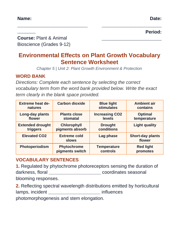 Environmental Effects on Plant Growth Fill-in-the-Blank Vocabulary Worksheet sample page