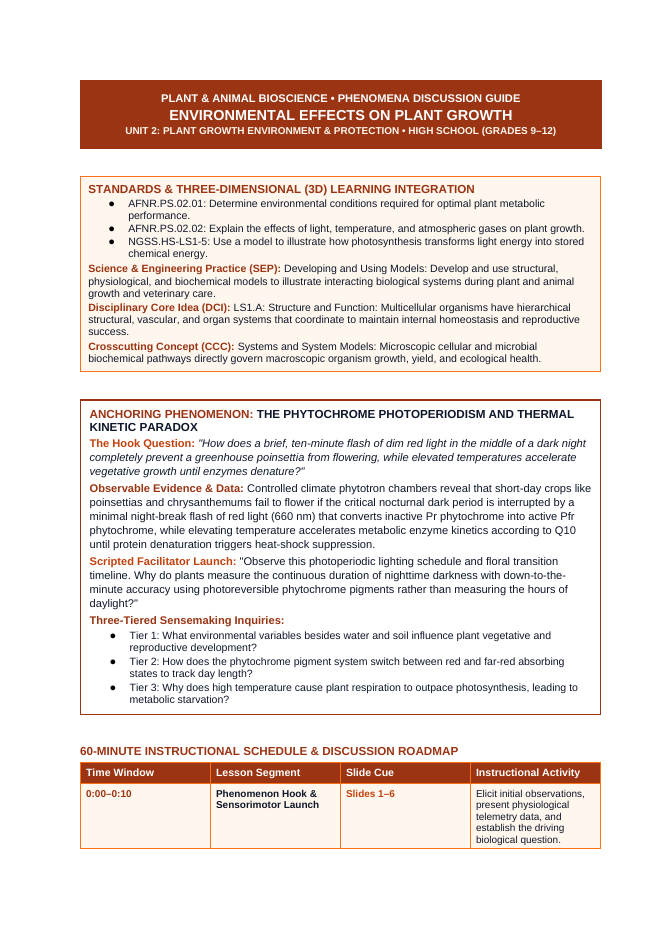 Environmental Effects on Plant Growth Phenomena-Based Lesson: The Phytochrome Photoperiodism and Thermal Kinetic Paradox Teacher Discussion Guide sample page