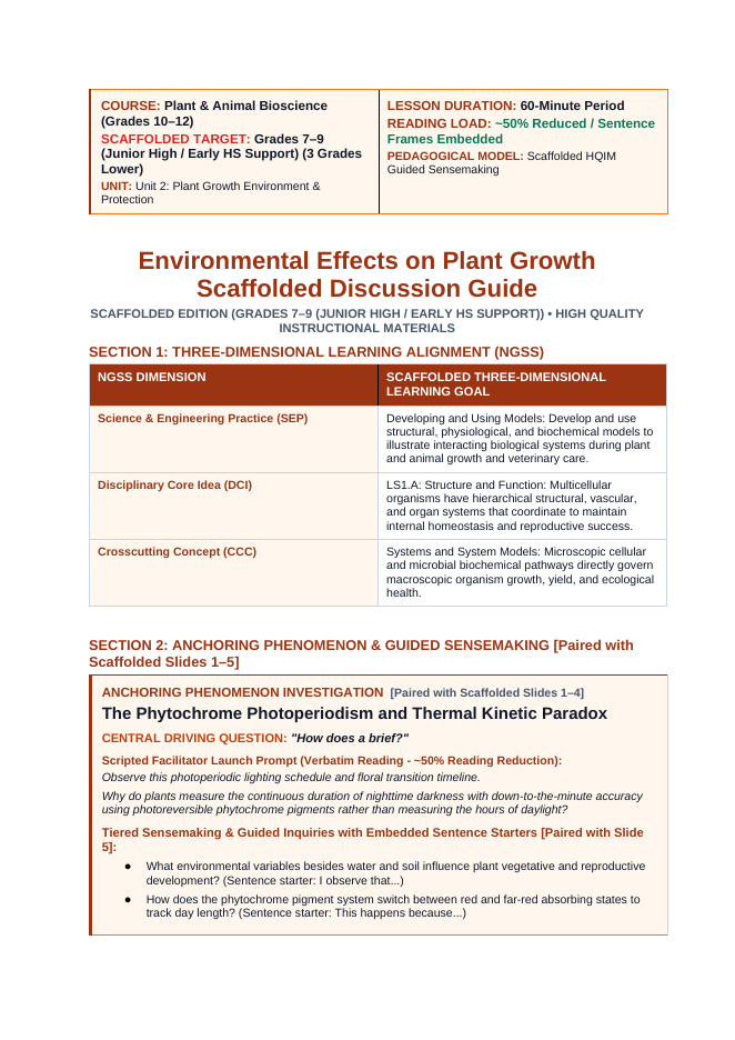 Environmental Effects on Plant Growth Scaffolded Phenomena-Based Lesson: The Phytochrome Photoperiodism and Thermal Kinetic Paradox Teacher Discussion Guide sample page