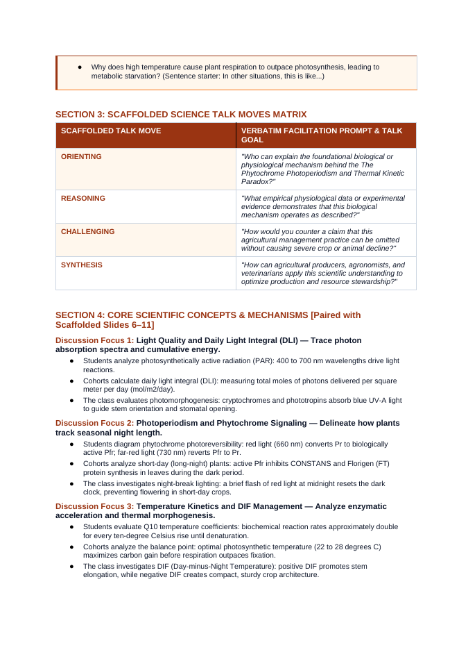 Environmental Effects on Plant Growth Scaffolded Phenomena-Based Lesson: The Phytochrome Photoperiodism and Thermal Kinetic Paradox Teacher Discussion Guide sample page