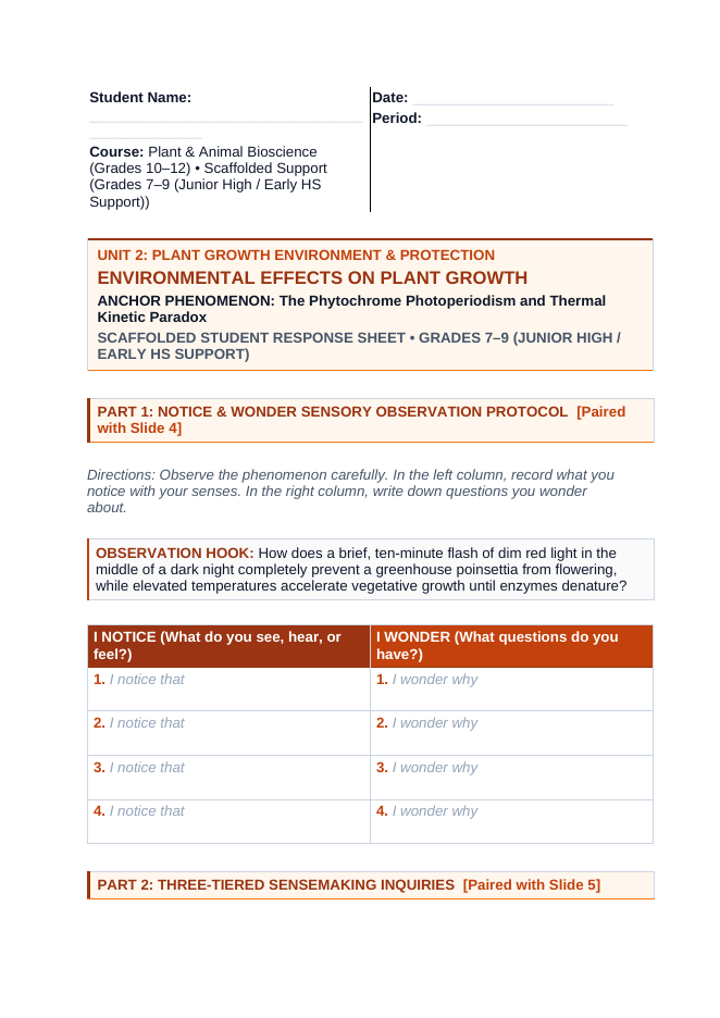 Environmental Effects on Plant Growth Scaffolded Phenomena-Based Lesson: The Phytochrome Photoperiodism and Thermal Kinetic Paradox Student Response Sheet sample page