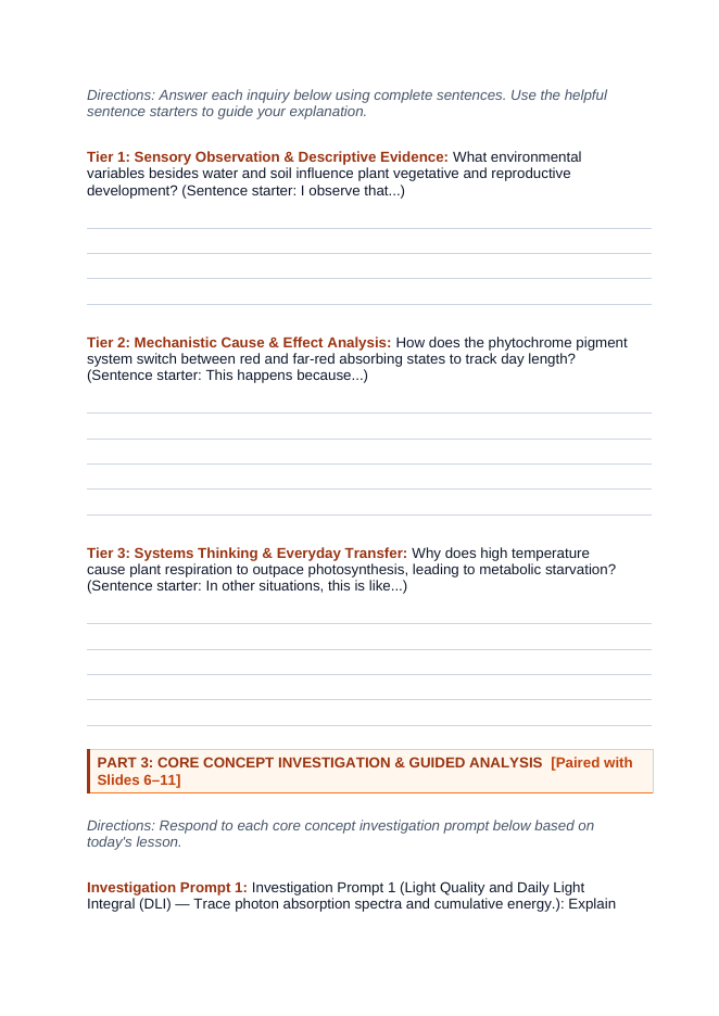 Environmental Effects on Plant Growth Scaffolded Phenomena-Based Lesson: The Phytochrome Photoperiodism and Thermal Kinetic Paradox Student Response Sheet sample page