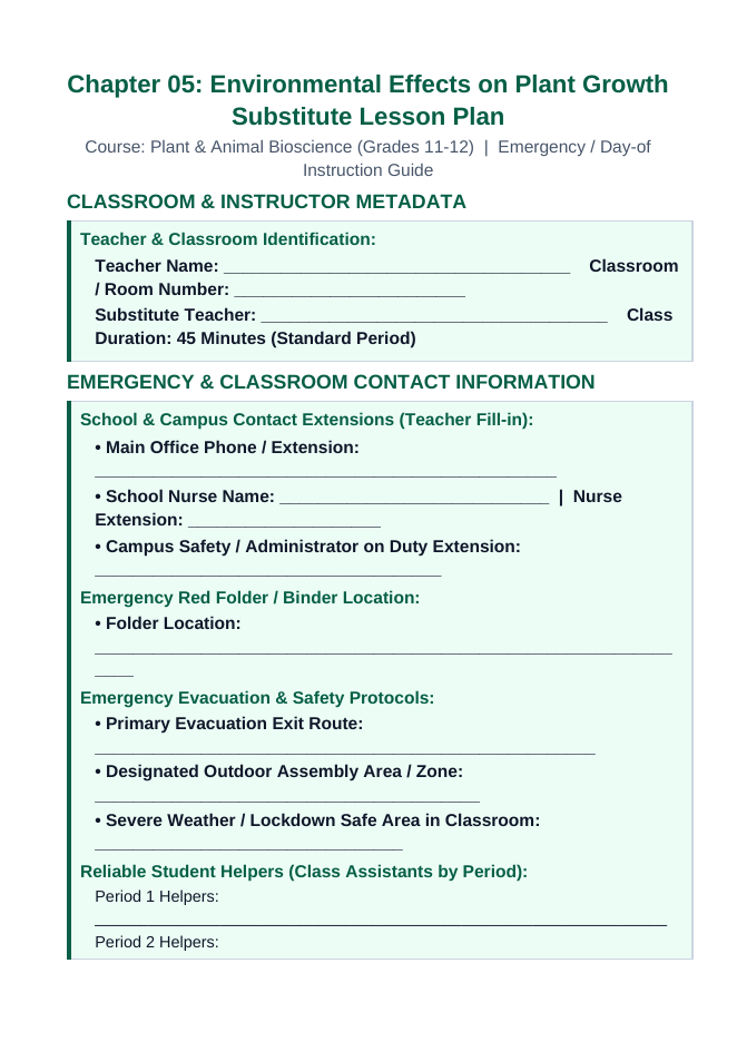 Environmental Effects on Plant Growth Substitute Lesson Plan sample page