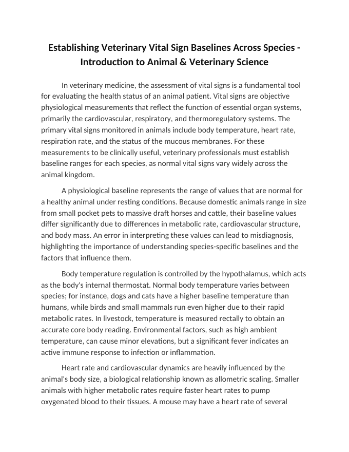 Establishing Veterinary Vital Sign Baselines Across Species Reading Worksheet sample page