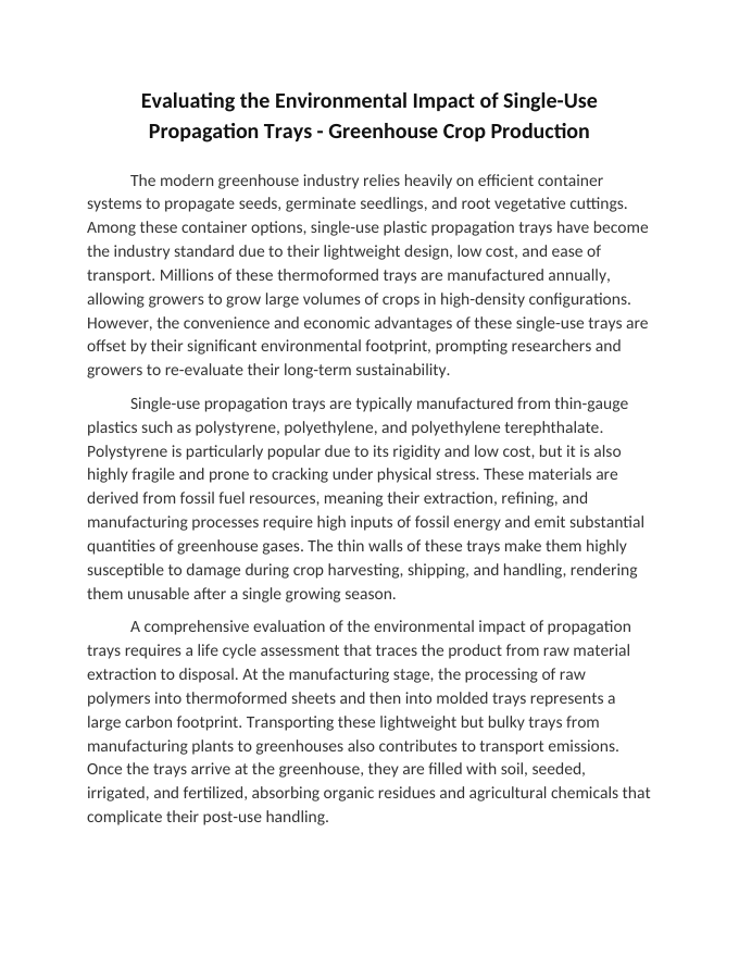 Evaluating the Environmental Impact of Single-Use Propagation Trays Reading Worksheet sample page