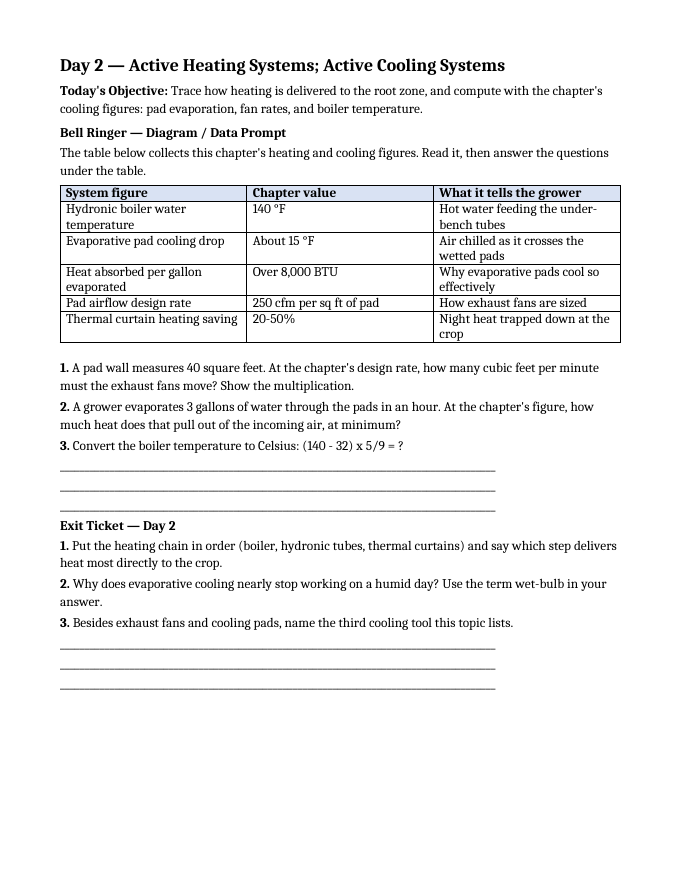 Greenhouse Structures & Systems Bell Ringers & Exit Tickets sample page