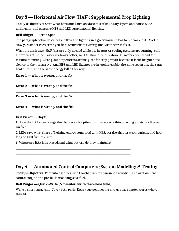 Greenhouse Structures & Systems Bell Ringers & Exit Tickets sample page