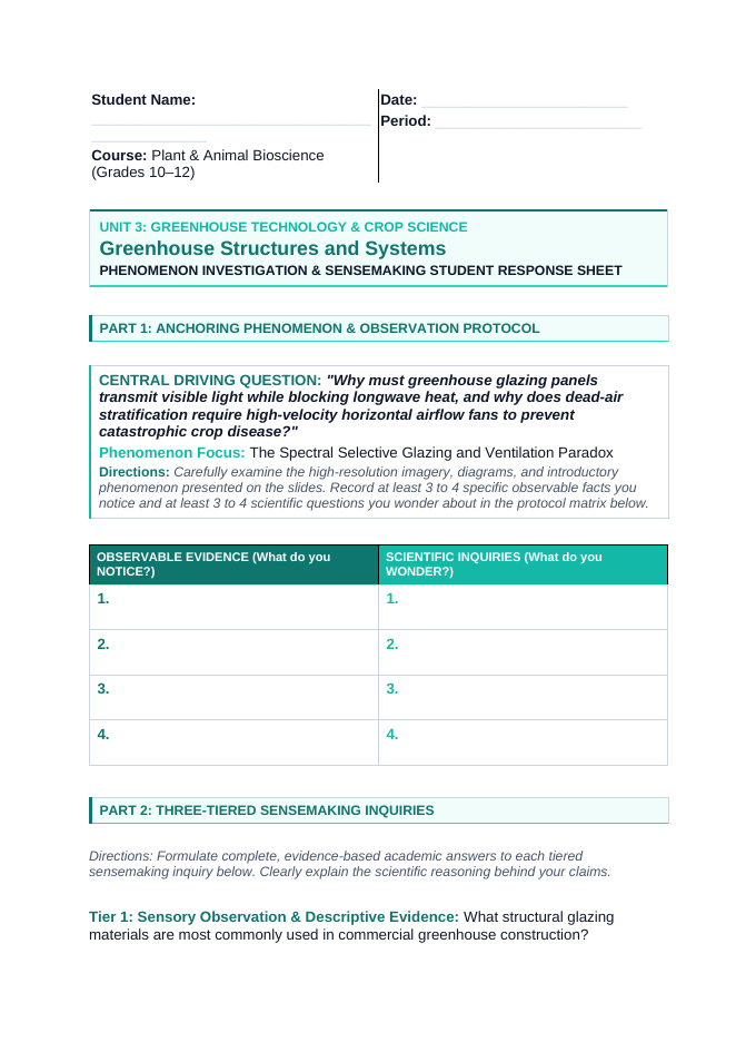 Greenhouse Structures & Systems Phenomena-Based Lesson: The Spectral Selective Glazing and Ventilation Paradox Student Response Sheet sample page