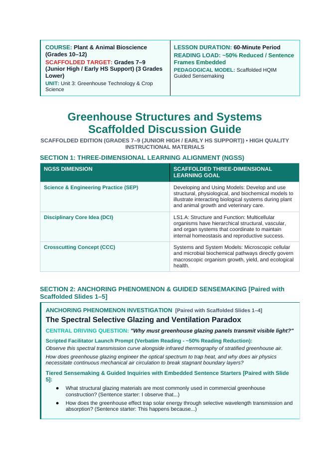 Greenhouse Structures & Systems Scaffolded Phenomena-Based Lesson: The Spectral Selective Glazing and Ventilation Paradox Teacher Discussion Guide sample page
