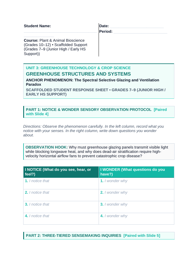 Greenhouse Structures & Systems Scaffolded Phenomena-Based Lesson: The Spectral Selective Glazing and Ventilation Paradox Student Response Sheet sample page