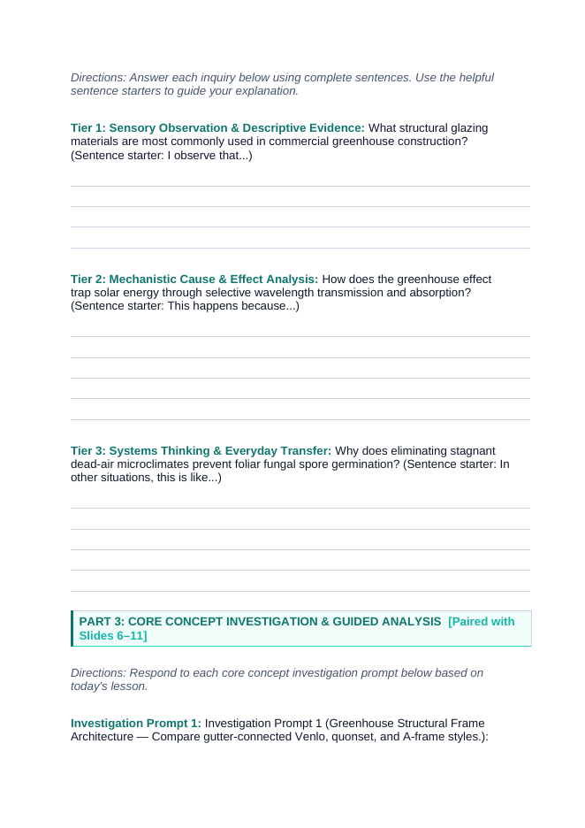 Greenhouse Structures & Systems Scaffolded Phenomena-Based Lesson: The Spectral Selective Glazing and Ventilation Paradox Student Response Sheet sample page