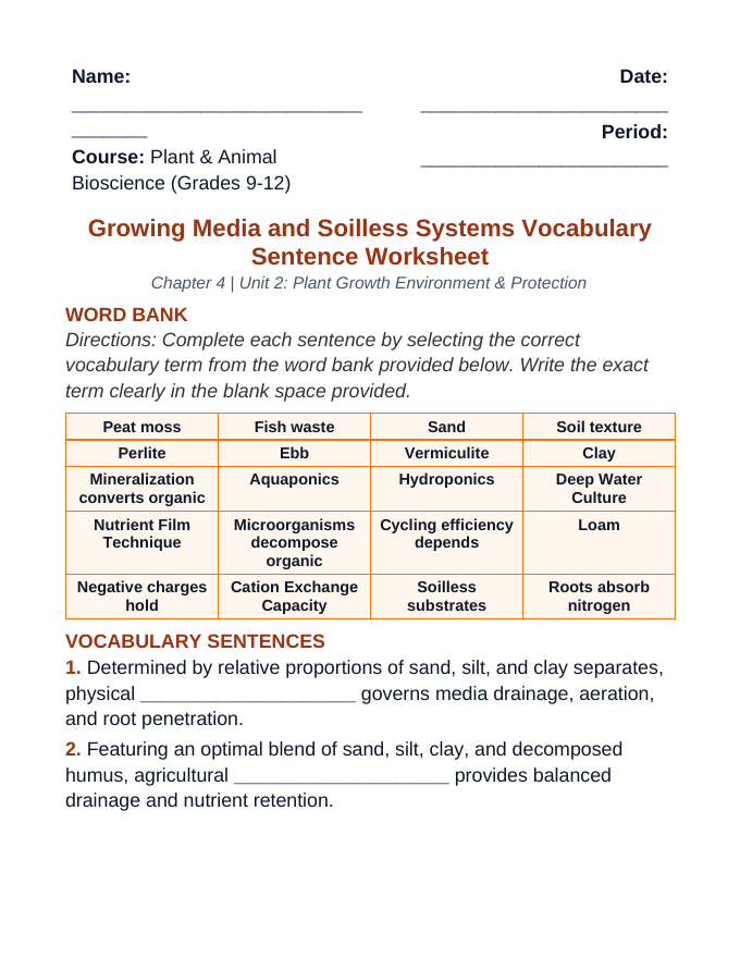 Growing Media & Soil-less Systems Fill-in-the-Blank Vocabulary Worksheet sample page