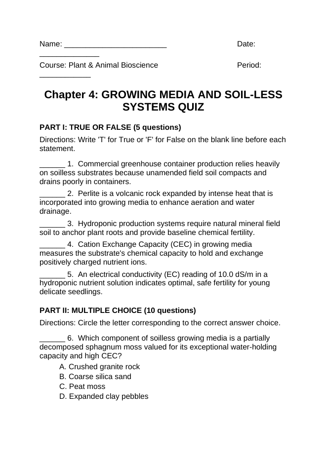 Growing Media & Soil-less Systems Lesson Quiz sample page