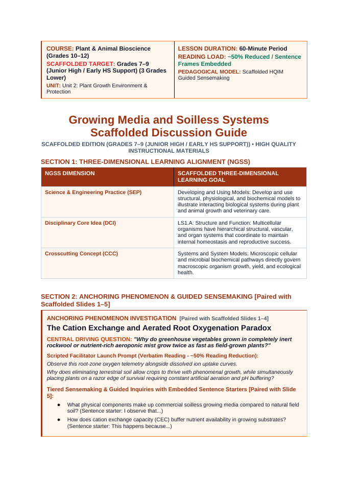 Growing Media & Soil-less Systems Scaffolded Phenomena-Based Lesson: The Cation Exchange and Aerated Root Oxygenation Paradox Teacher Discussion Guide sample page