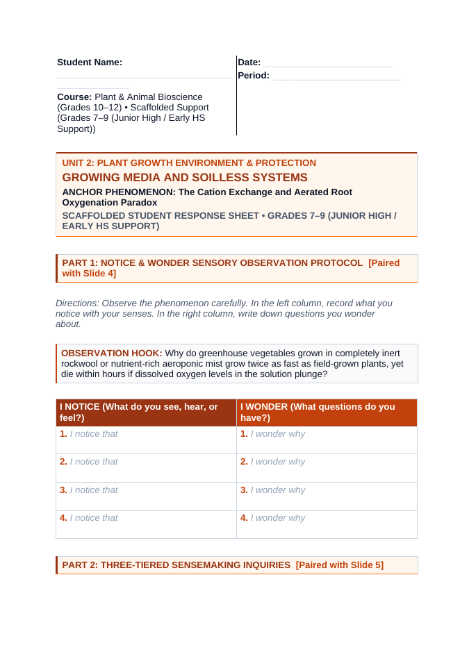 Growing Media & Soil-less Systems Scaffolded Phenomena-Based Lesson: The Cation Exchange and Aerated Root Oxygenation Paradox Student Response Sheet sample page
