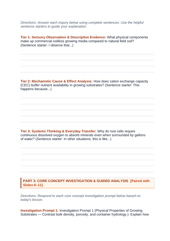 Growing Media & Soil-less Systems Scaffolded Phenomena-Based Lesson: The Cation Exchange and Aerated Root Oxygenation Paradox Student Response Sheet sample page