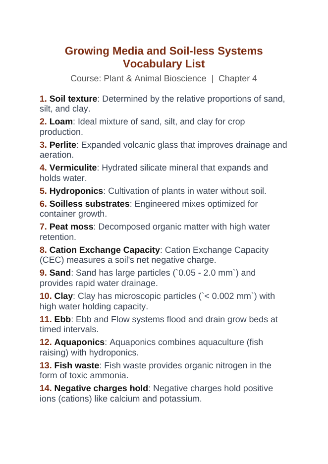 Growing Media & Soil-less Systems Vocabulary Words & Definitions sample page