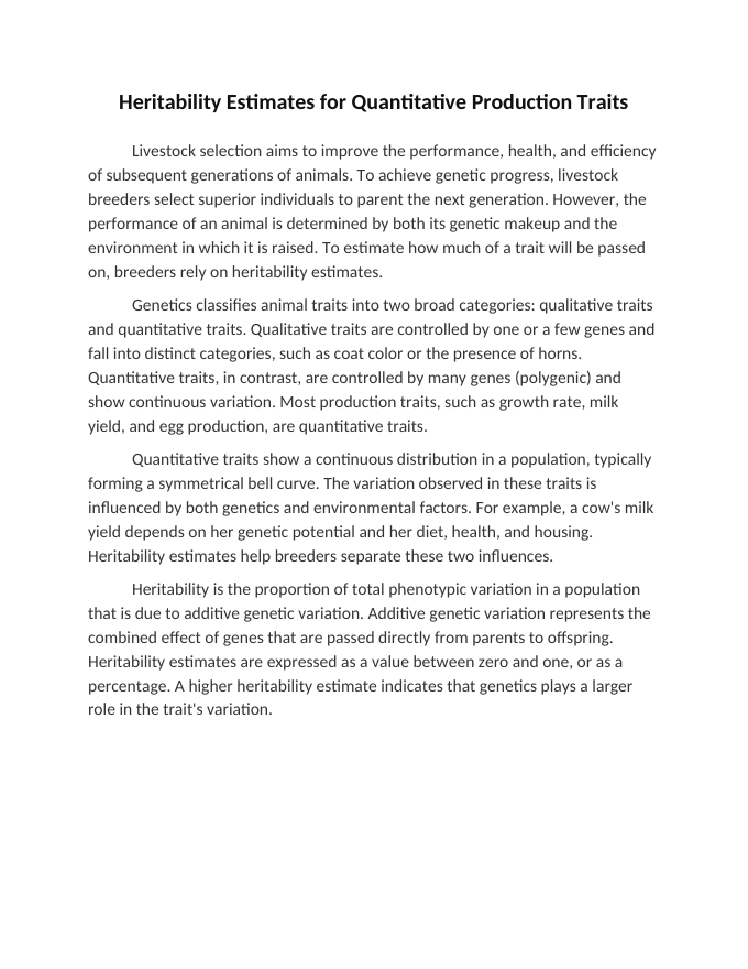 Heritability Estimates for Quantitative Production Traits Reading Worksheet sample page