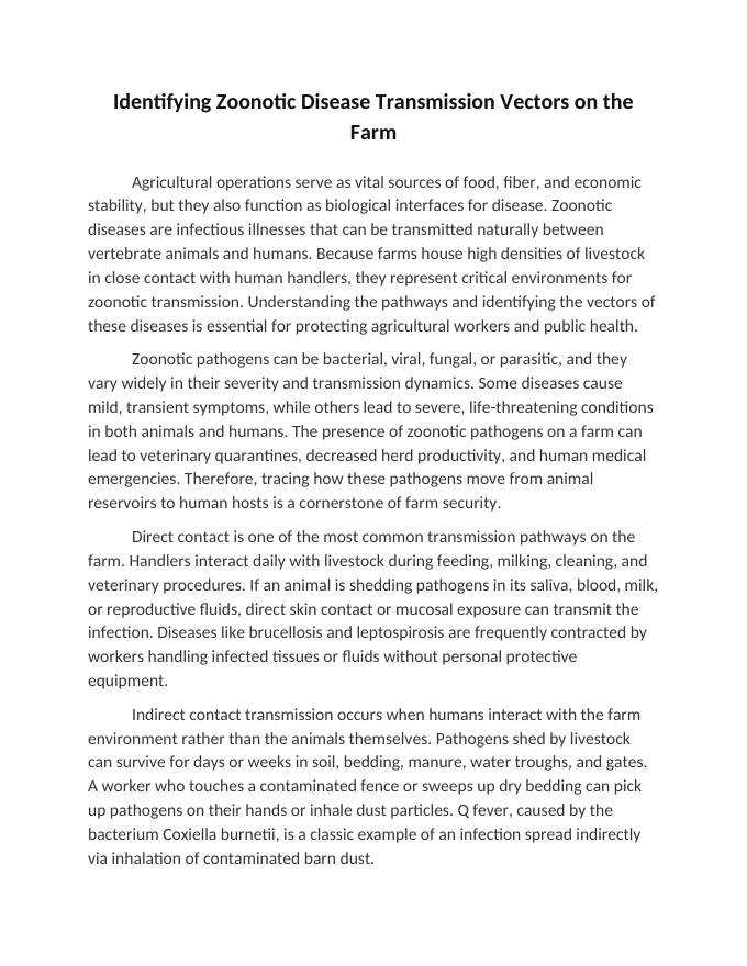 Identifying Zoonotic Disease Transmission Vectors on the Farm Reading Worksheet sample page