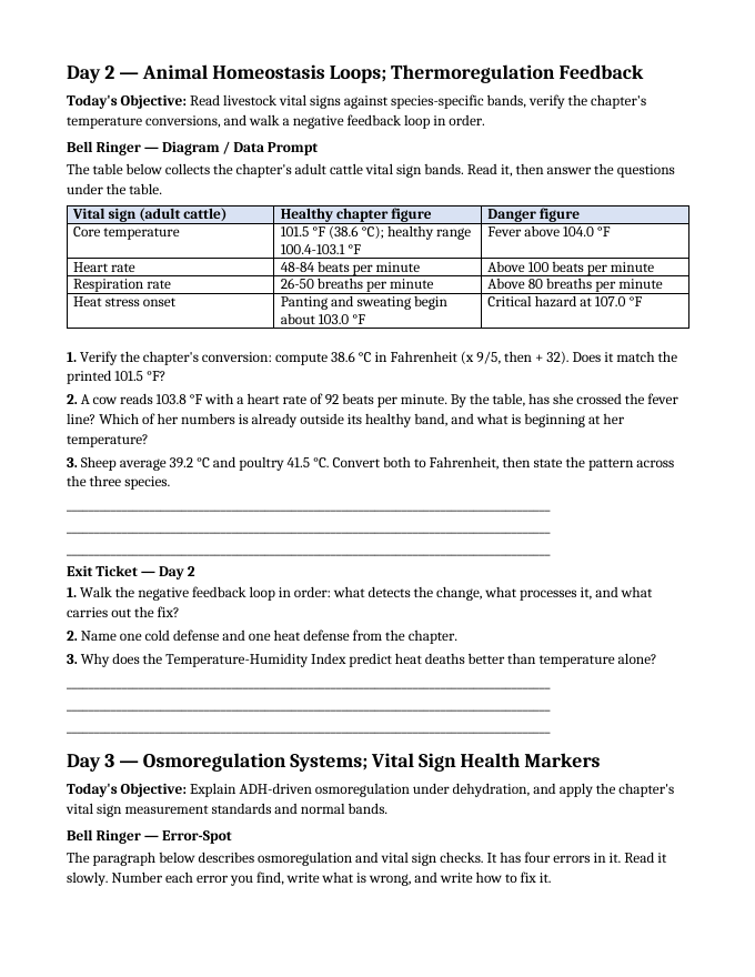 Introduction to Animal & Veterinary Science Bell Ringers & Exit Tickets sample page