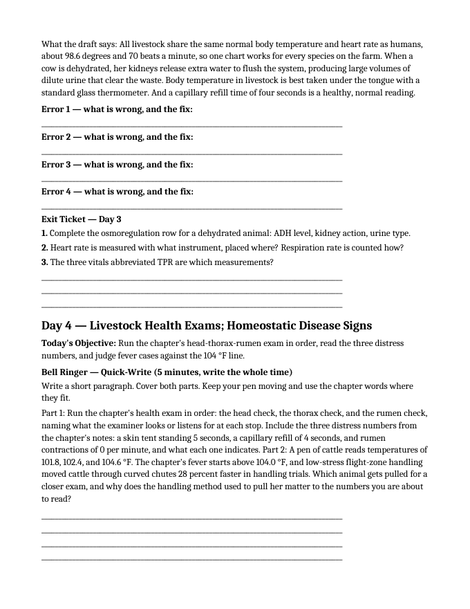 Introduction to Animal & Veterinary Science Bell Ringers & Exit Tickets sample page