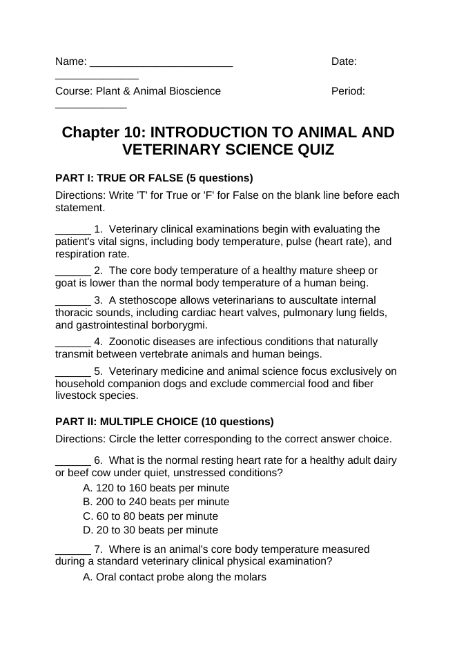 Introduction to Animal & Veterinary Science Lesson Quiz sample page