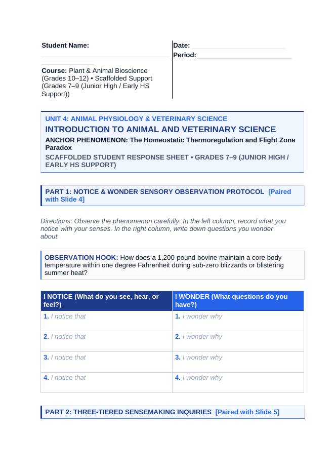 Introduction to Animal & Veterinary Science Scaffolded Phenomena-Based Lesson: The Homeostatic Thermoregulation and Flight Zone Paradox Student Response Sheet sample page