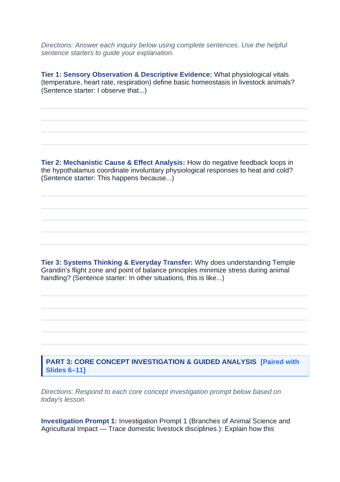 Introduction to Animal & Veterinary Science Scaffolded Phenomena-Based Lesson: The Homeostatic Thermoregulation and Flight Zone Paradox Student Response Sheet sample page