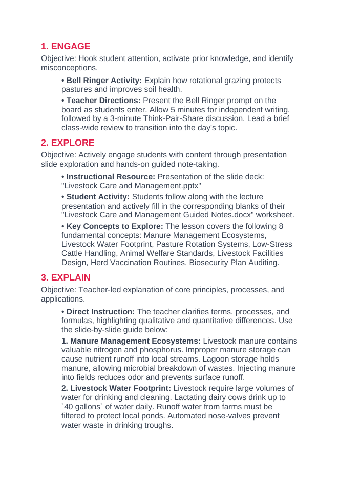 Livestock Care & Management 5E Lesson Plan sample page