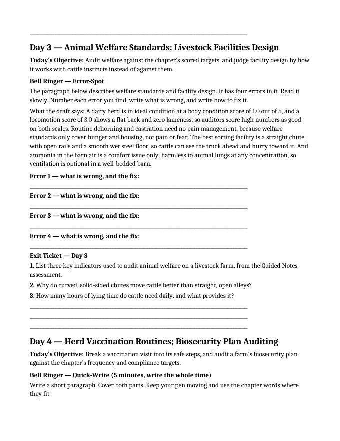 Livestock Care & Management Bell Ringers & Exit Tickets sample page